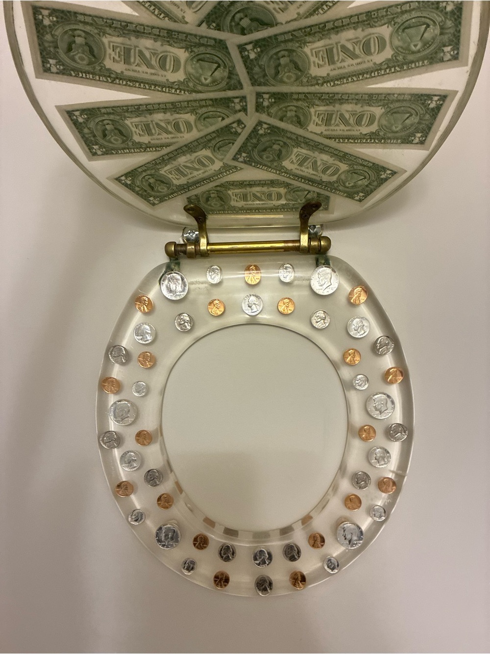Rare Vintage 1970s Lucite Toilet Seat w/ Genuine US Currency & Coins Pop Art MCM